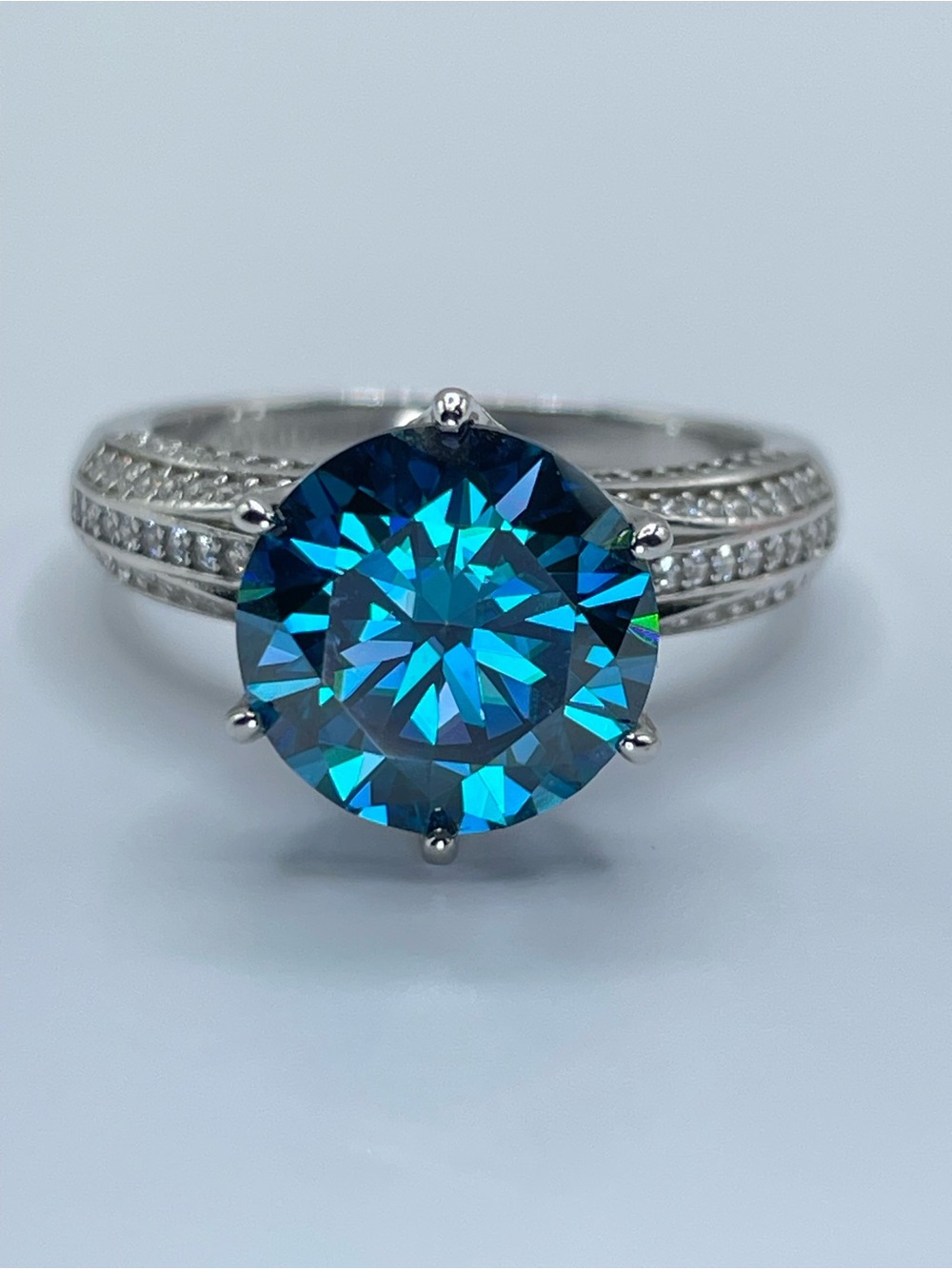 Striking Sterling PT950 Platinum 5.0CT Blue Moissanite Round Cut Statement Ring